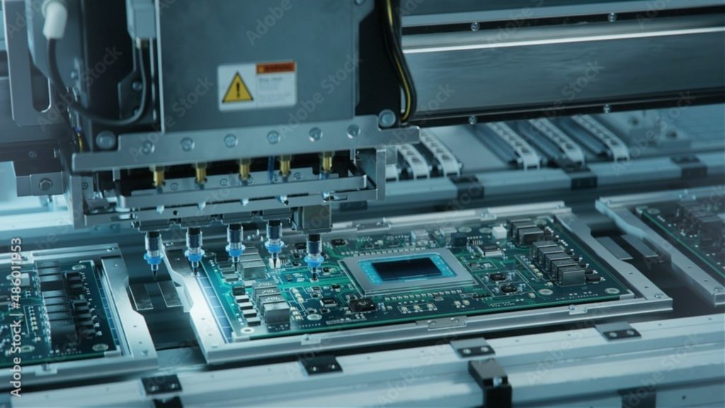 Automated pick and place machine installing components on printed circuit board